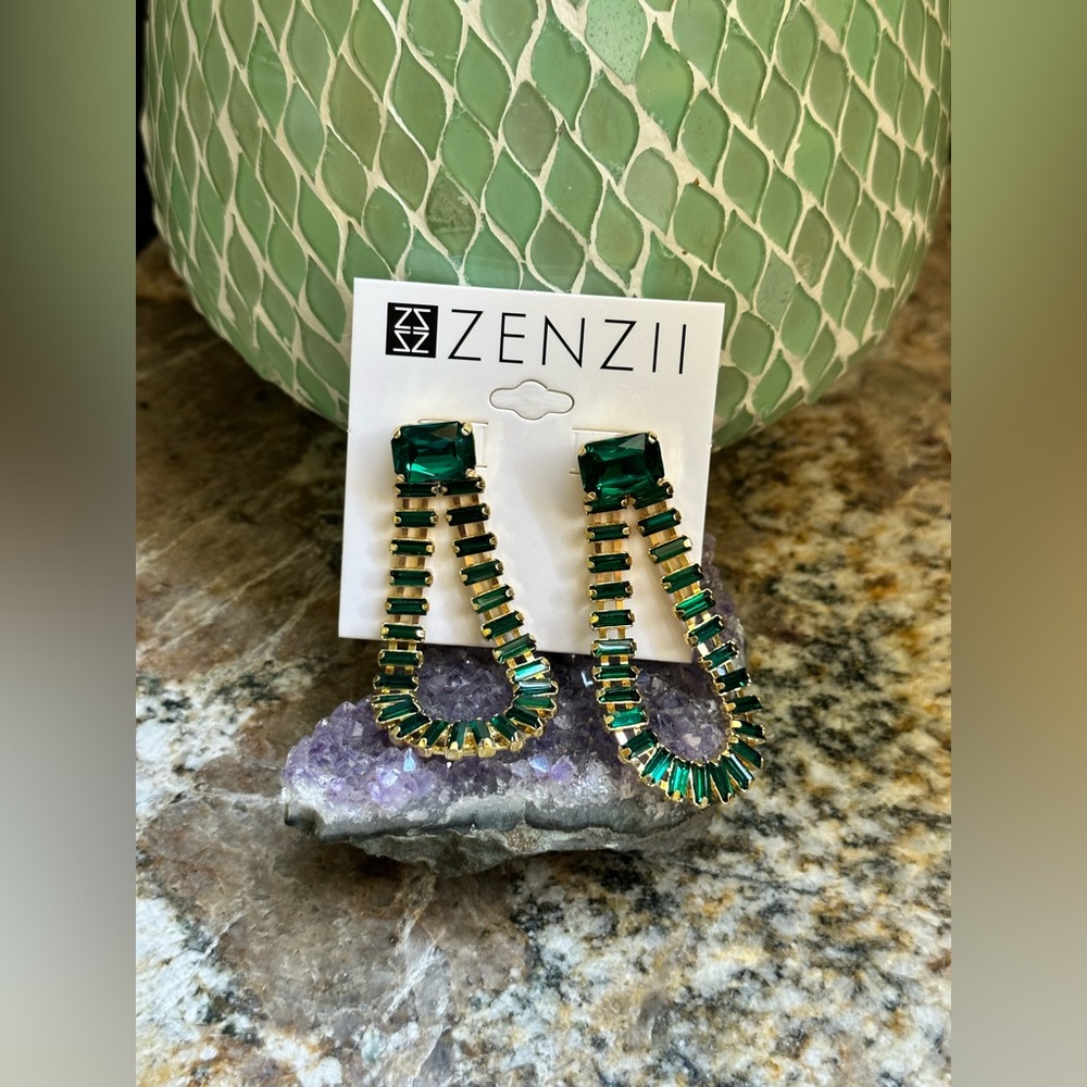 Gold Green Gemstone Earrings - Picture 2 of 11